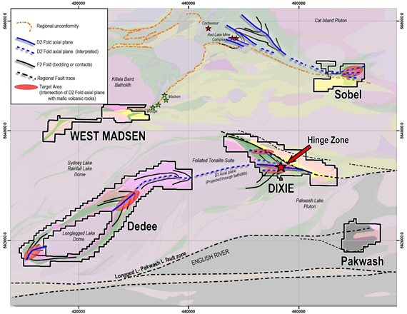 Map of newly acquired and optioned properties in the Red Lake district.