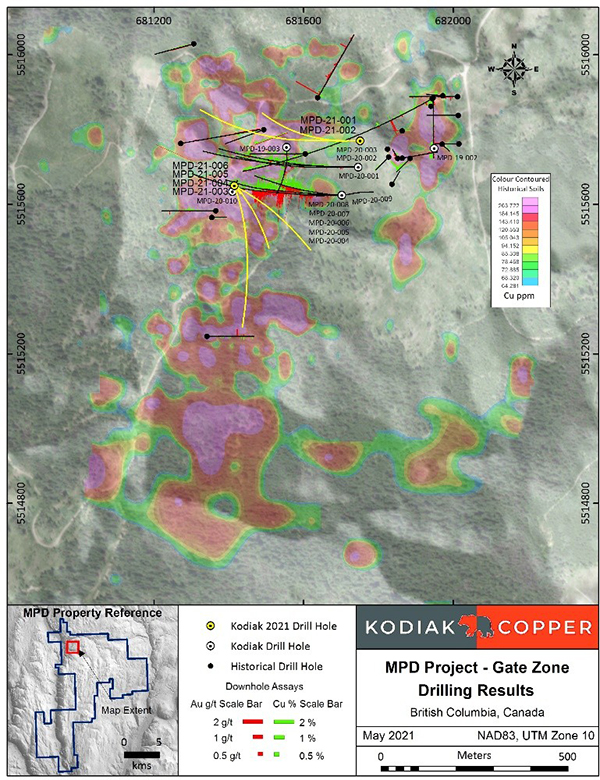 Figure 1 - Plan map of the Gate Zone showing drill traces of 2021 to date