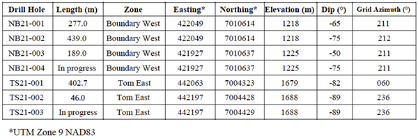 Table 2: 2021 drill collar details