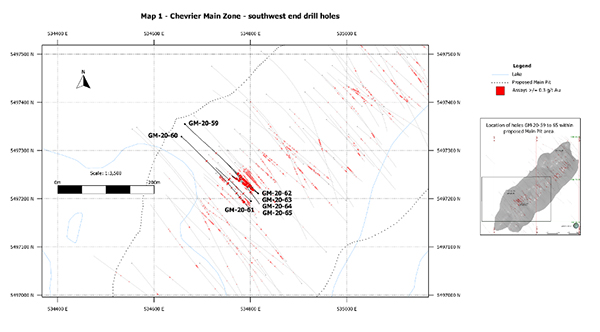 Plan view of proposed Main Pit with section lines and collar locations of 2020 drill holes