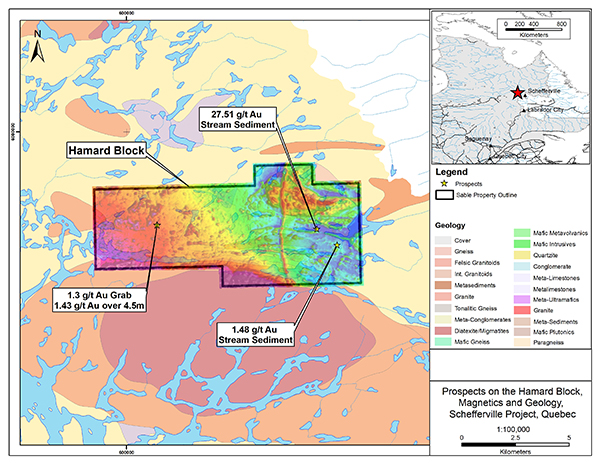 Figure 3 - Prospects on the Hamard Block; Magnetics and Geology within the Schefferville Project