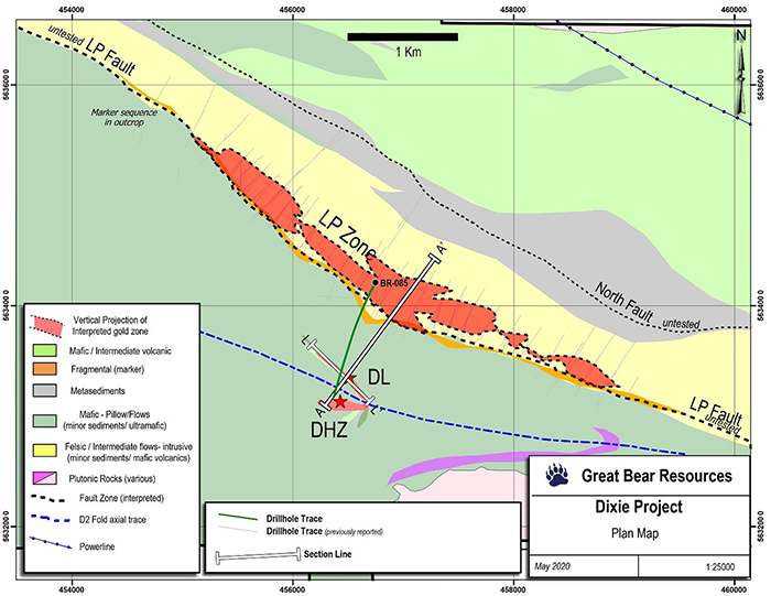 Map showing the locations of the cross section and long section in Figures 1 and 2. A to A’ represents the cross section in Figure 1, while L to L’ represents the long section in Figure 2.
