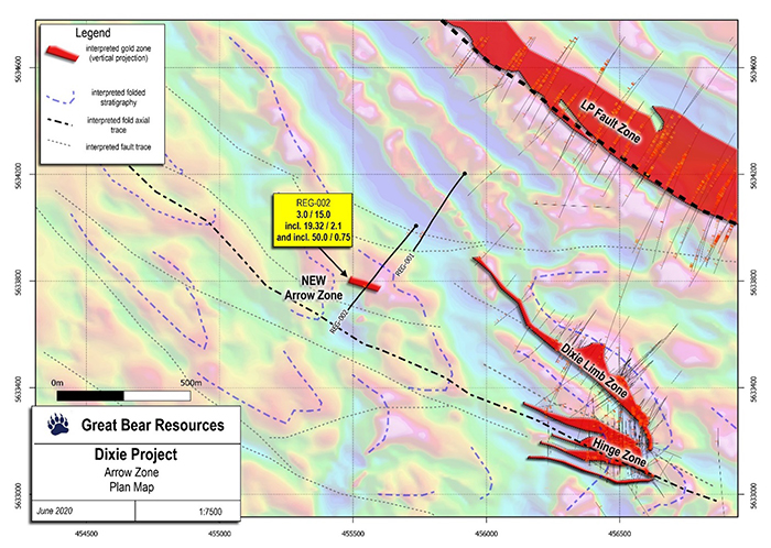 Location of the Arrow zone and current regional drill holes.