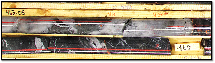 Comparison of Arrow zone drill core (top) and Hinge zone drill core (bottom). Both zones display identical hydrothermal biotite alteration, trace accessory sulphides and visible gold. Both zones are developed at the same type of geological contact.