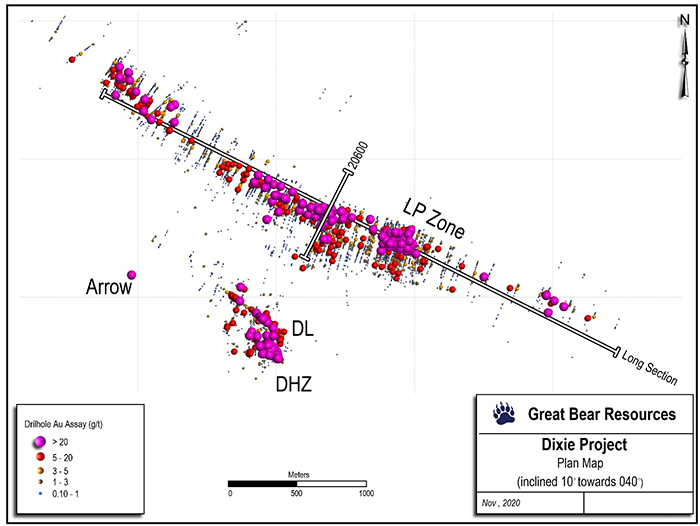 Inclined plan view of drill results to date.