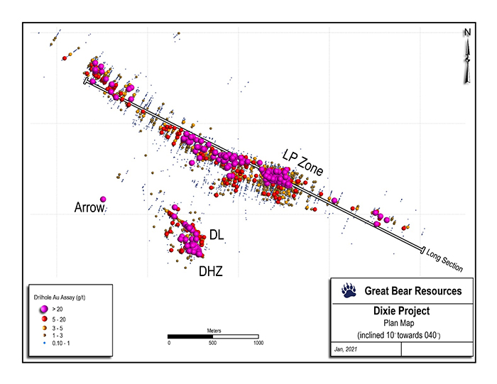 Inclined plan view of the Dixie Project's gold zones showing the trace of the long section in Figure 1.