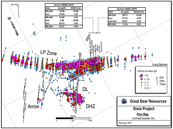 Map of current drill results showing the location of the new 1.2 kilometre cross section.