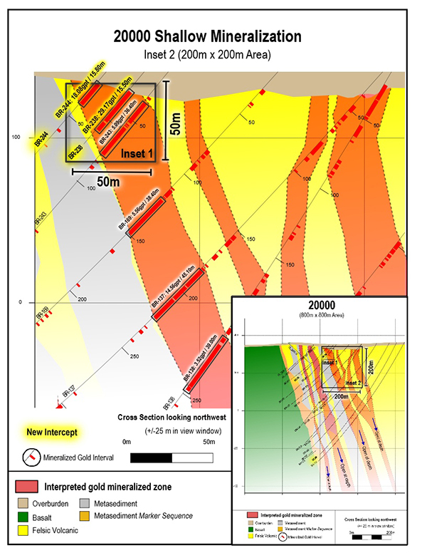 Shallow gold results from drill section 20000. 200 x 200 m view.