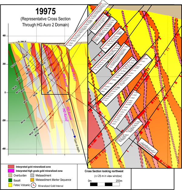 Cross section 19975 showing all individual assays that intersect the Auro2 domain on this section.