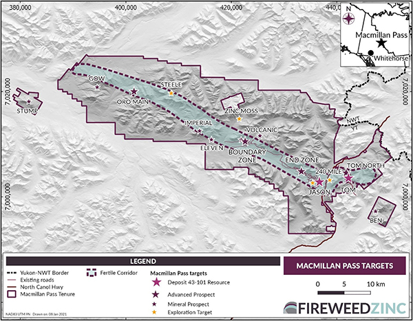 Macmillan Pass Project: Locations of the 2020 exploration targets, advanced prospects, and known deposits.