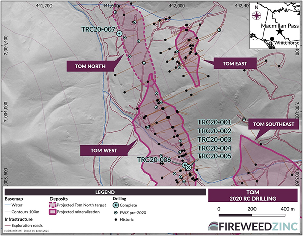 Tom 2020 RC drilling: Locations of the 2020 RC drill holes at Tom. Diamond drill holes are also shown, and those referred to in the text are labelled.