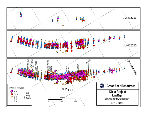 Map of drill progress at the LP Fault since its discovery in May 2019. Lower image contains results from 318 drill holes.
